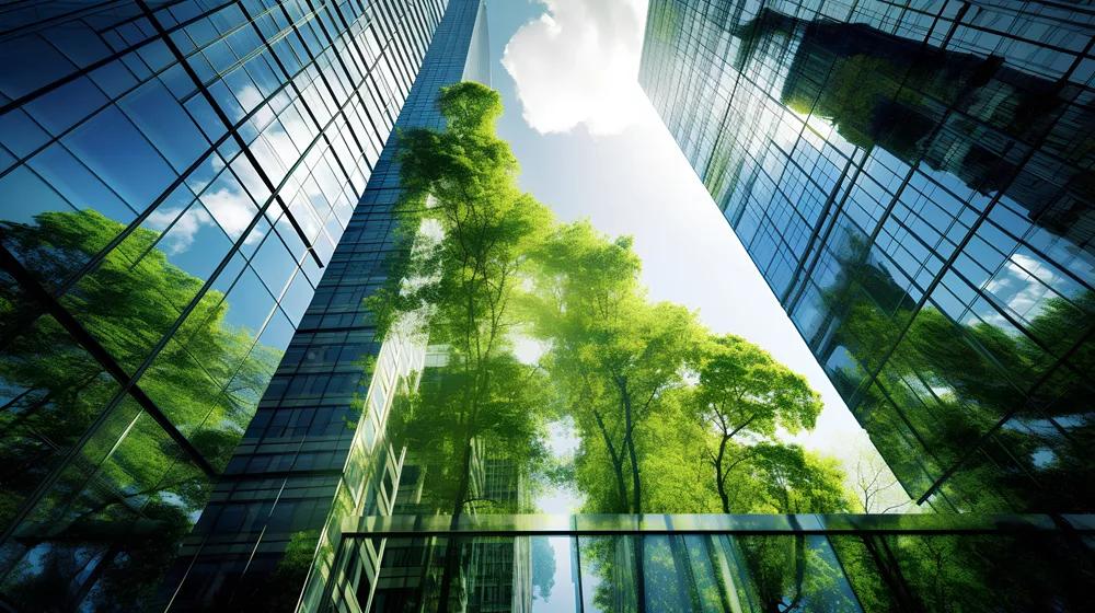 Exemplifying the ESG - Environmental, Social, Governance concept, a corporate glass building facade reflects green trees. Importance of integrating sustainability into business practice. 